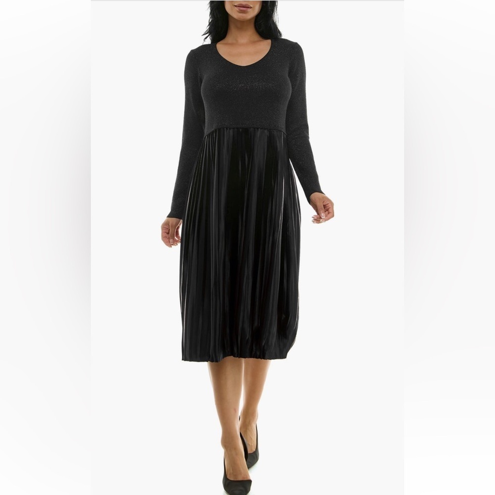 Nina Leonard NWT Mixed Media Black A-Line Long Sleeve Dress.